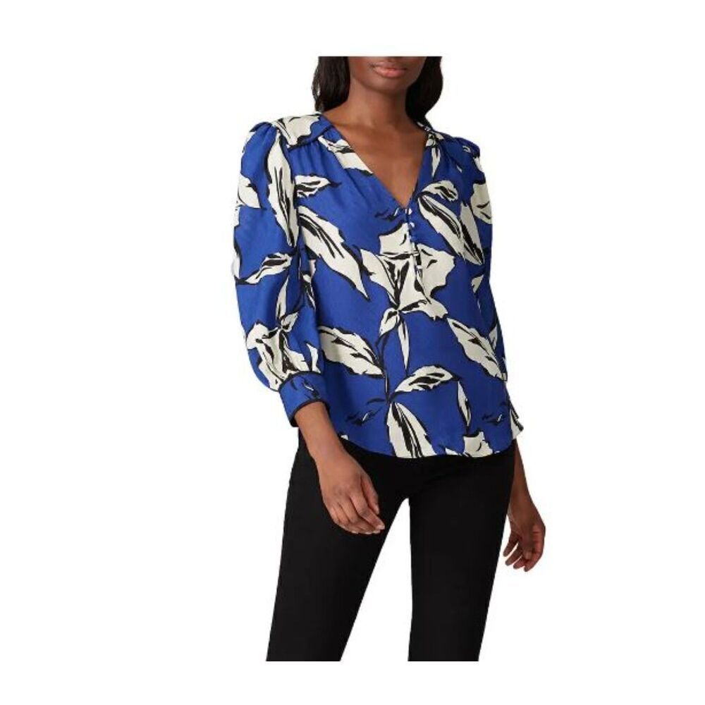 Veronica Beard Milan Silk Blend Blouse Blue White‎ Black Floral V-Neck Size 6